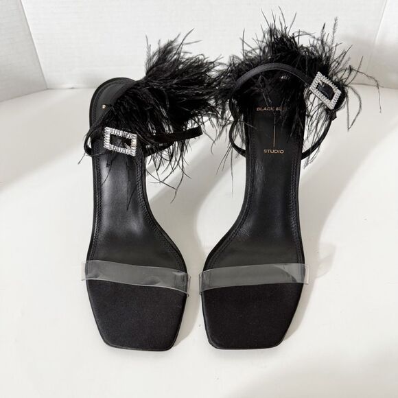 BLACK SUEDE STUDIO Trinity Satin Leather Ostrich Feather Black Sandals Size 10 - Picture 3 of 9
